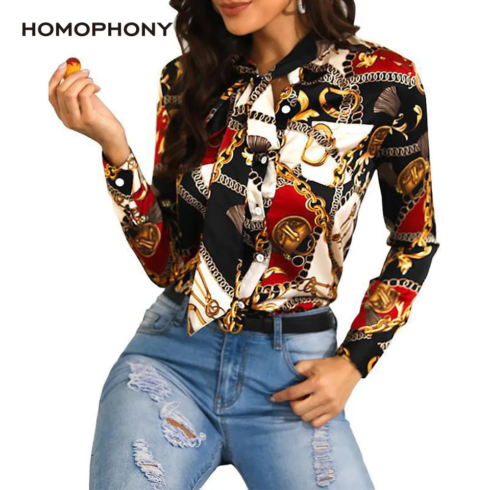Homophony Slim Chain Women Blouses Fashion Printing Spring Autumn Blouse Shirt Elegant Casual Office Lady Streetwear Women Top