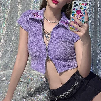 

Purple Cardigan Womens Sweaters Korean Crop 2020 Summer New Tops Short Sleeve Fashion Lapel Butterfly Embroidery Zipper Cardigan