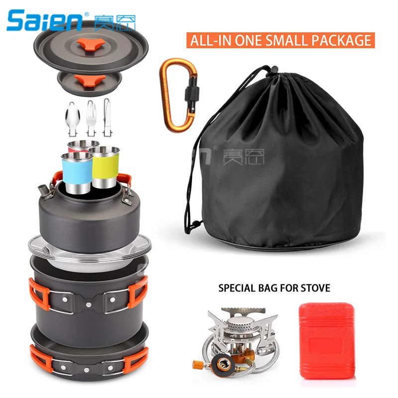 

24pcs Camping Cookware Mess Kit Backpacking with Camp Stove, Camping Pot Pan Kettle with Camp Utensil for 3, Cups Dishes Sporks