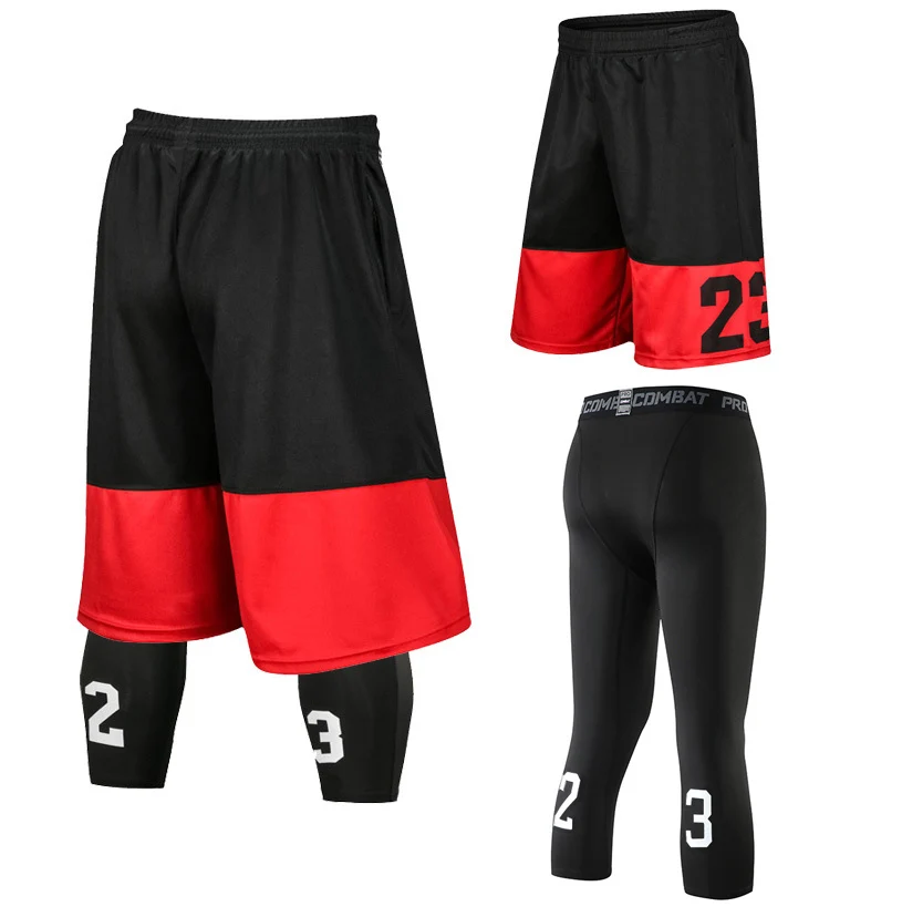 Professional Men Basketball Shorts Sets, Sport Gym Quick-Dry Throwback Tight Training Suit, Shorts Basketball Male Soccer Tights - Цвет: E Black Red 1 Sets