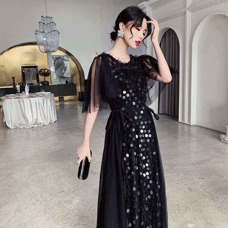 Новинка, вечернее платье с рукавом-бабочкой, Qipao, сексуальное, черное, с блестками, с бисером, перспективное, Cheongsam, элегантное, тонкое, Сетчатое, Vestidos