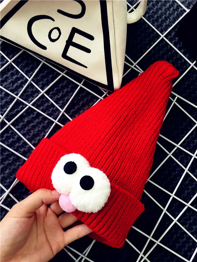 Осенне-зимняя детская шапка с большим глазом, вязаная зимняя шапка для девочек и мальчиков, детская шляпка, связанная крючком, детская шапка с рисунком, вязаные шапки для девочек - Цвет: Красный
