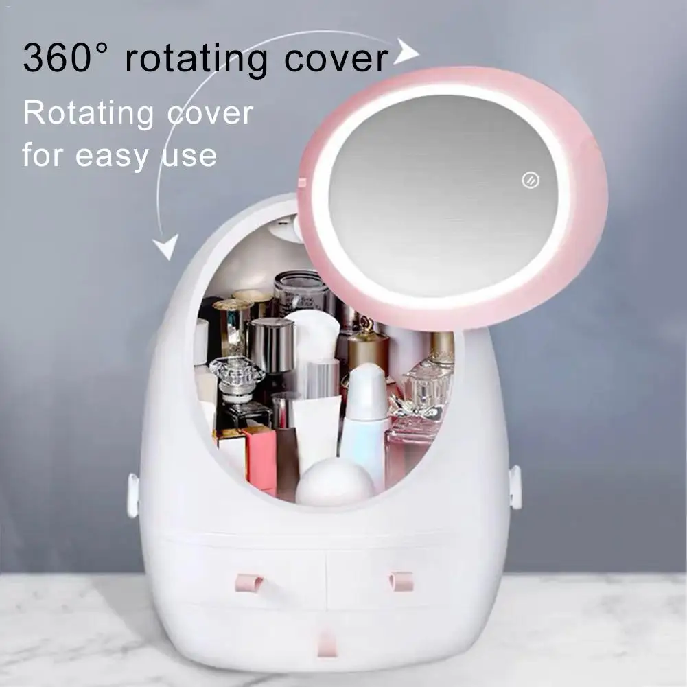 

Cosmetic Storage Box with LED Light Mirror Portable Cosmetics Storage Case Makeup Brush Holder Organizer