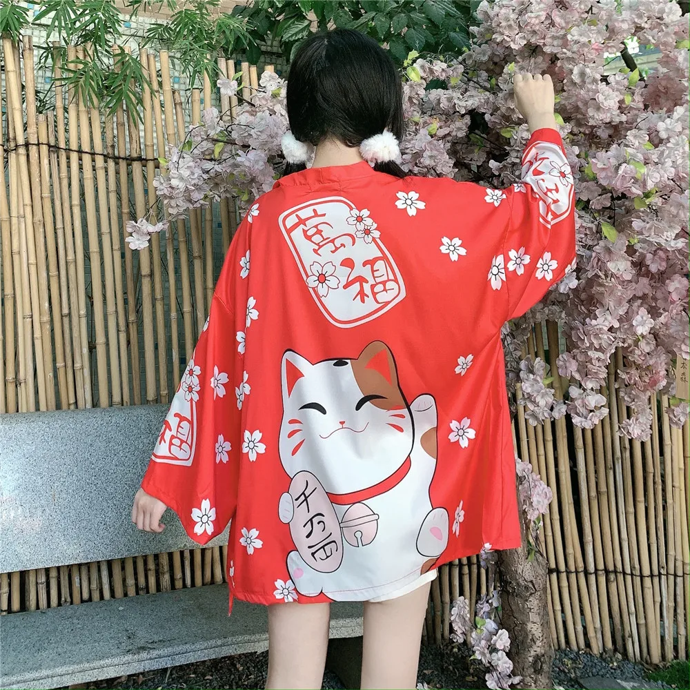Кимоно с рисунком Lucky Cat женское японское кимоно кардиган рубашка блузка для