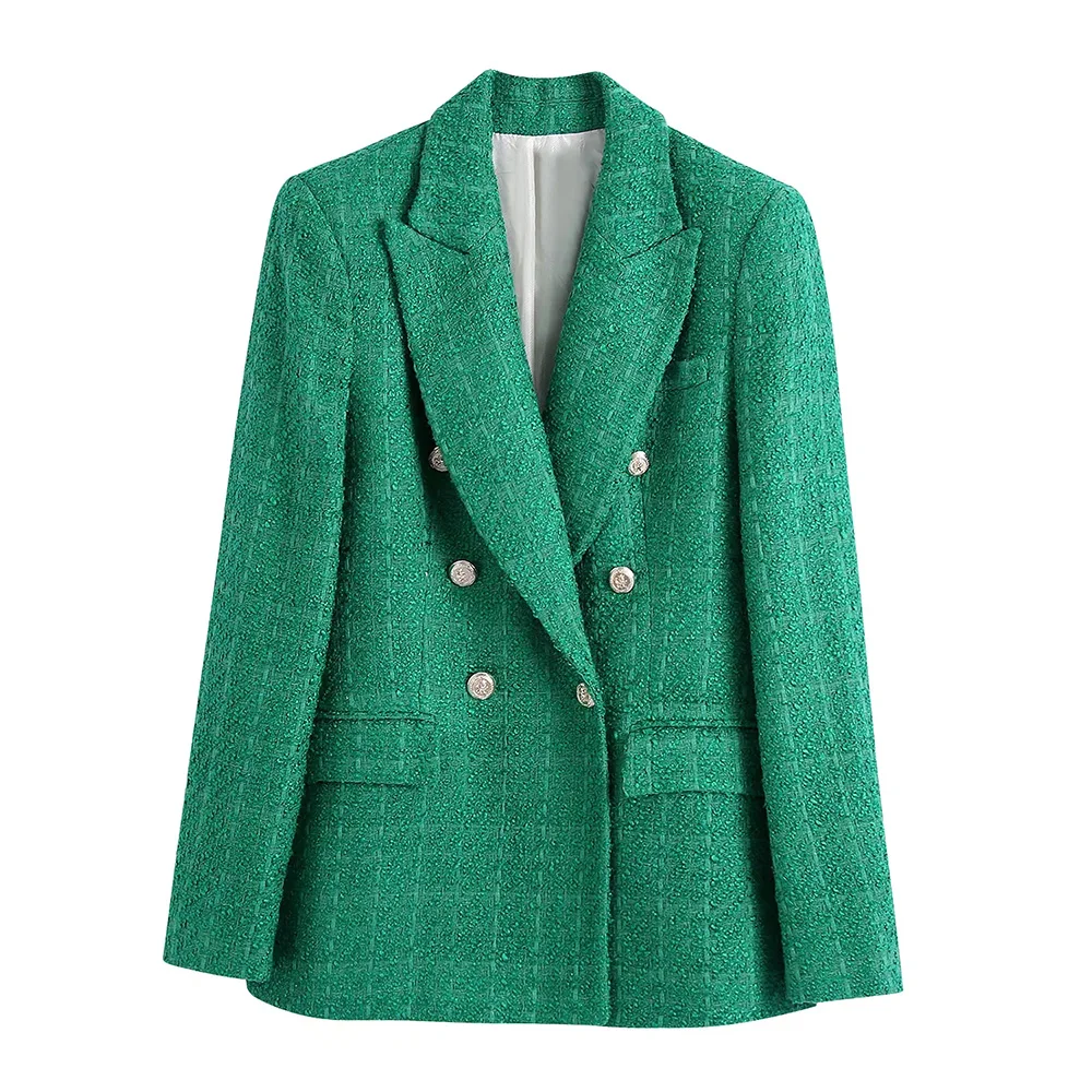 KPYTOMOA Women  Fashion Double Breasted Tweed Green Blazer Coat Vintage Long Sleeve Flap Pockets Female Outerwear Chic Veste women's formal pant suits for weddings Suits & Blazers