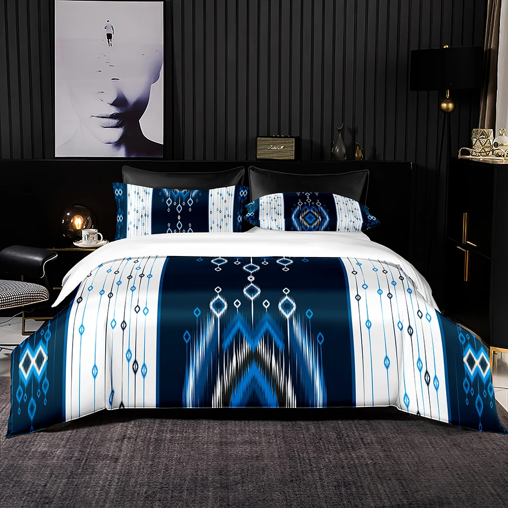 Elegant Euro Bedding Set Duvet Cover Blue White Diamond Print