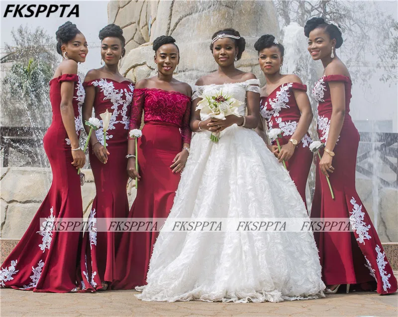 Off The Shoulder Red Mermaid Bridesmaids Dresses Corset White Lace African Maids Of Honor Gowns Plus Size