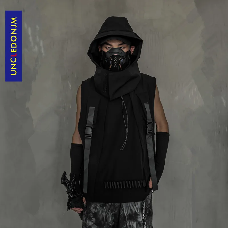 

UNCLEDONJM Multi-Pockets Functional Vest Men's Loose Hip-hop Fashionable Removable Cap Jacket Waistcoat mens jacket V2-5976