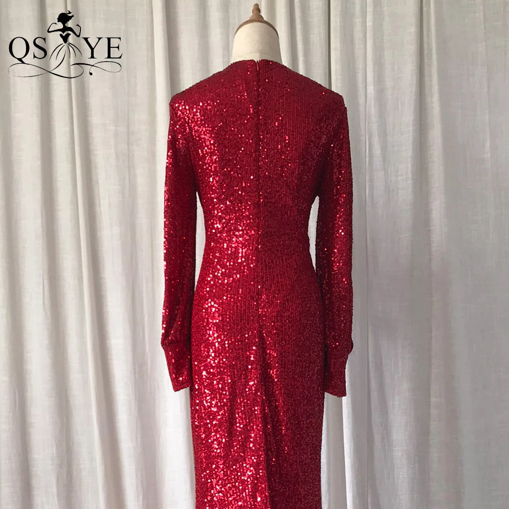 Long Sleeves Red Evening Dress Fitted Mermaid Sequin Evening Gown Glitter Sexy V Neck Party Dress Sparkle Ruched Formal Gown white prom dress