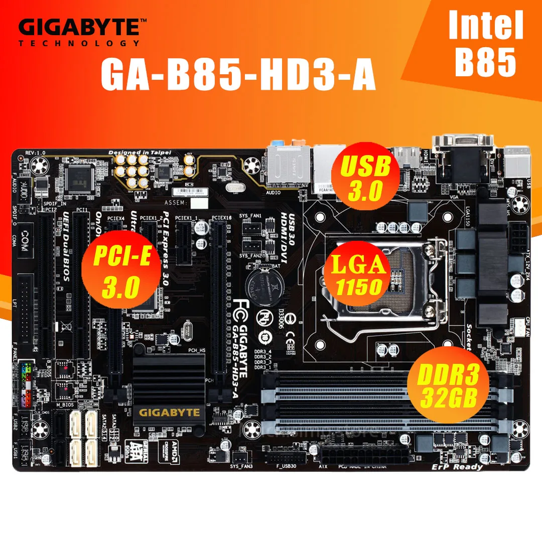 LGA 1150 Gigabyte B85-HD3-A Motherboard i7 i5 i3 DDR3 32GB PCI-E 3.0 DVI VGA HDMI SATA Desktop Intel B85 Placa-Mãe ATX Used | Компьютеры