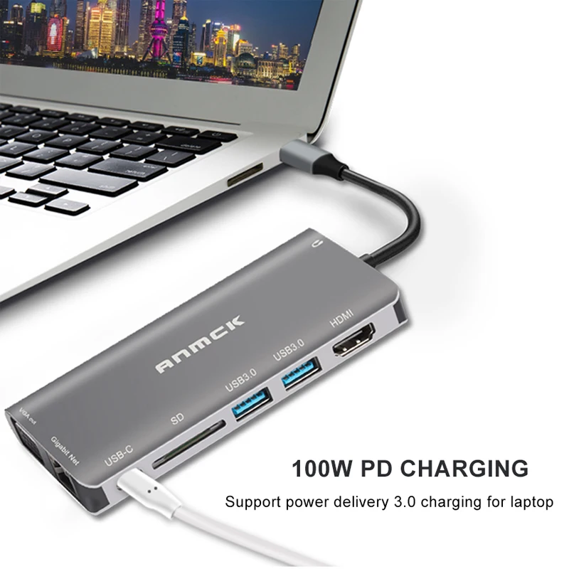 Anmck концентратор USB Type C к USB 3,0 Thunderbolt 3 HDMI VGA 3,5 мм аудио RJ45 адаптер док-станция для MacBook Pro samsung Galaxy S9 USB-C концентратор