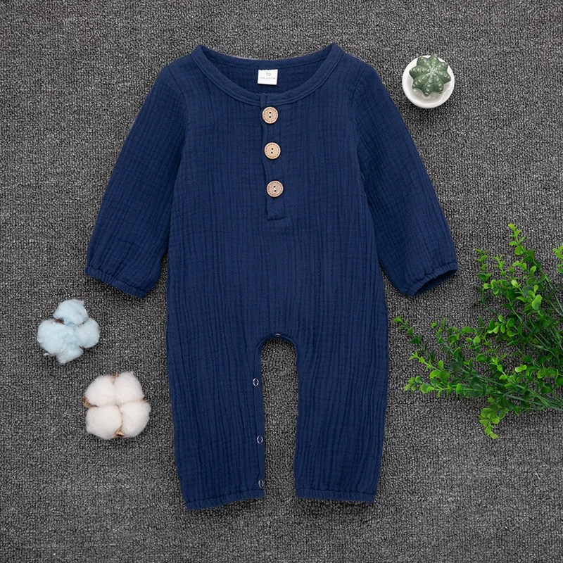 Одежда для новорожденных мальчиков и девочек от 0 до 24 месяцев Повседневный однотонный хлопковый комбинезон костюм-комбинезон с длинными рукавами Летний милый костюм - Цвет: Синий