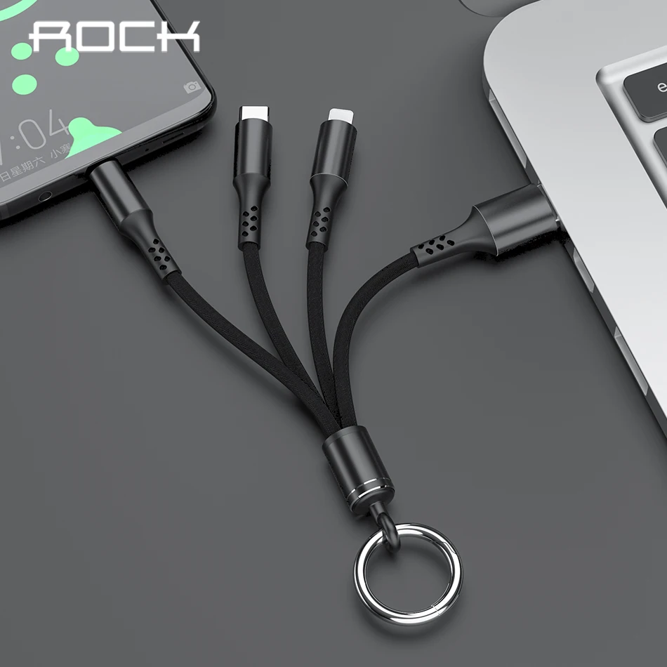 USB-кабель ROCK для iPhone 11 XS X 8 3 в 1 зарядный кабель Micro USB Type-C портативный брелок шнур