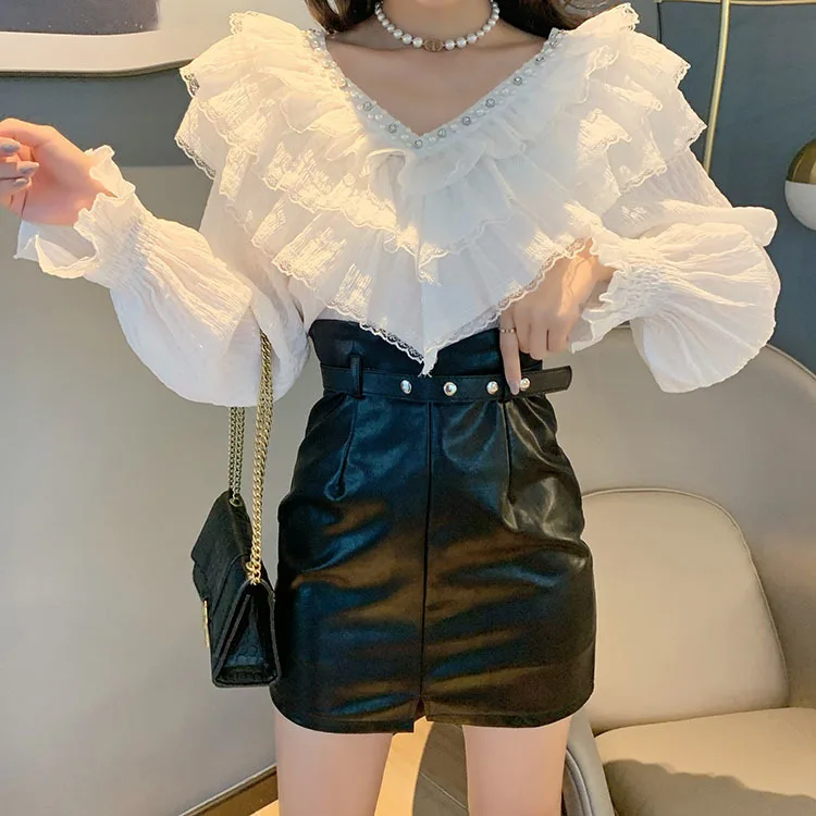 Spring Fall Korean Style Blouse Fashion Sexy Beading Patchwork Lace Ruffles Women Tops Ropa Mujer Flare Sleeve Shirt New plus size blouses