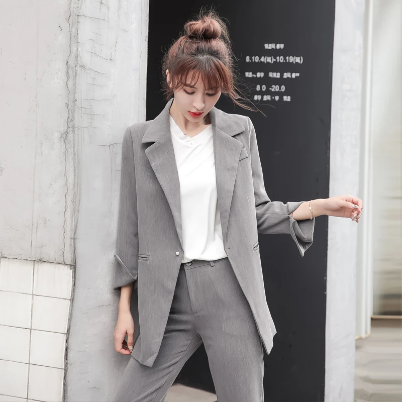 pearls fashion office set women 2 piece set long sleeve blazer autumn suit coat jackets ankle length pants suit