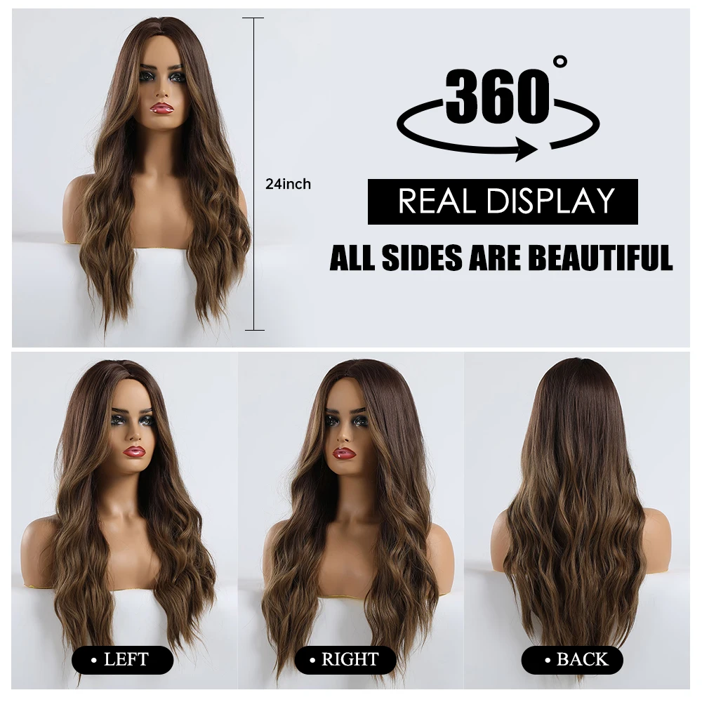 EASIHAIR Long Brown Ombre Synthetic Wigs for Women Natural Hair Wavy Wigs Ash Brown Blonde Heat Resistant Female Wig Cosplay