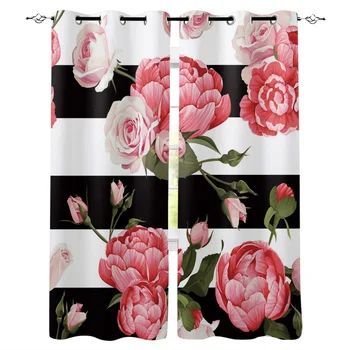 

Peony Rose Flower Black And White Stripes Pink Curtains for Windows Drapes Blinds Curtain For Living Room Bedroom Home Decor