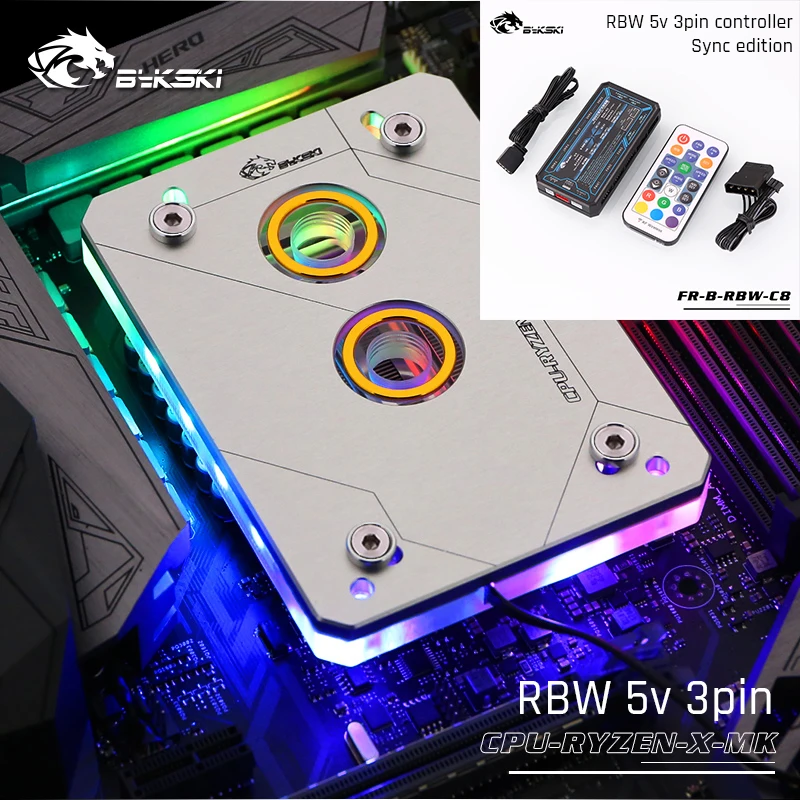 Bykski cpu-RYZEN-X-MK RyzenAM3/AM3+/AM4 cpu водяные блоки, RBW система освещения, микроводный блок водяного охлаждения - Цвет лезвия: Silver-RBW with CON