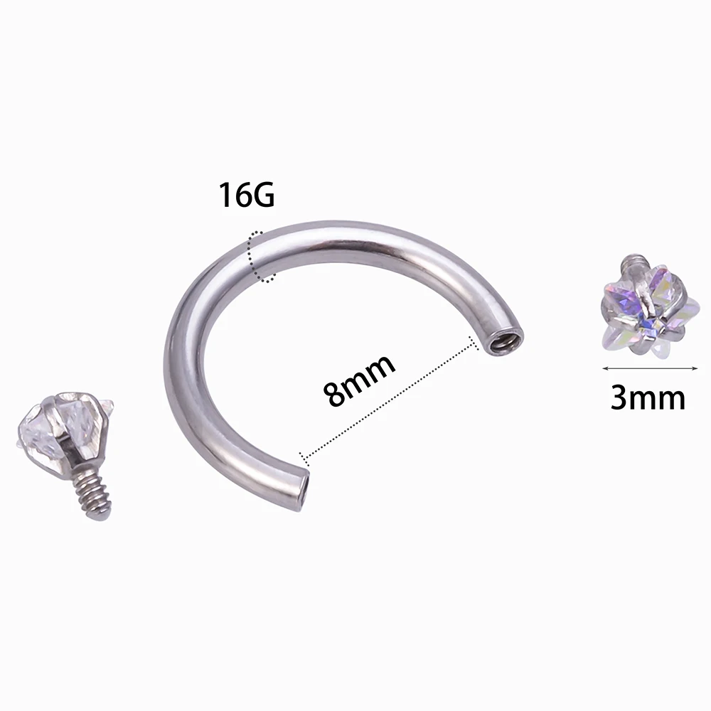 1pc Cubic Zirconia Nose Ring Septum Labret Eyebrow Helix Stud for Women Men 16g Steel Horseshoe Hoop BCR Body Piercing Jewelry