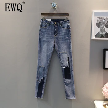 

[EWQ] 2020 New Pattern Spring Summer Denim Patchwork Pockets Hit Colors Patch Vintage Full Length Pants Women Fashion Tide AD685