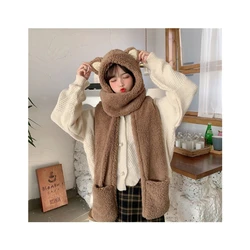 Plush Warm Women Fluffy  3 In 1 Hooded Scarf Hat Gloves Set Cartoon Cat Ears Winter Windproof Earflap Cap Pocket Mittens