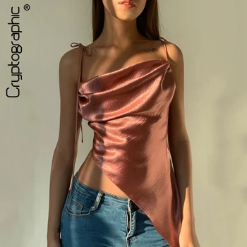 

Cryptographic Satin Sleeveless Camisole Crop Tops for Women Ruched Backless Cropped Feminino Straps Top Vest Crop Top Streetwear