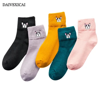 

3Pairs/lot=6Pieces Autumn Winter Cartoon Animal Embroidery Cotton Socks Female Warm Thread Mouth Ladies Fashion Socks