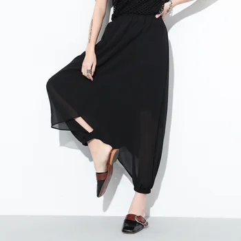 

2022020 New Spring High Elastic Waist Black Chiffon Split Joint Irregular Harem Loose Casual Pants Women Pants Fashion Big Size
