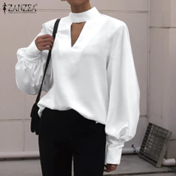 

Plus Size Tunic Women's Hollow Shirts 2020 ZANZEA Elegant Spring Casual Tops Puff Sleeve Blouse Female Button Blusas Chemise