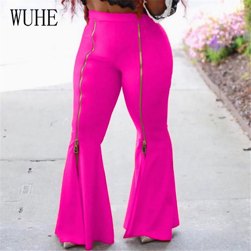 

WUHE Zipper Up High Split Women Wide Leg Flare Pants Leggings High Waist Bell Bottom Trousers Casual Streetwear Plus Size S-3XL
