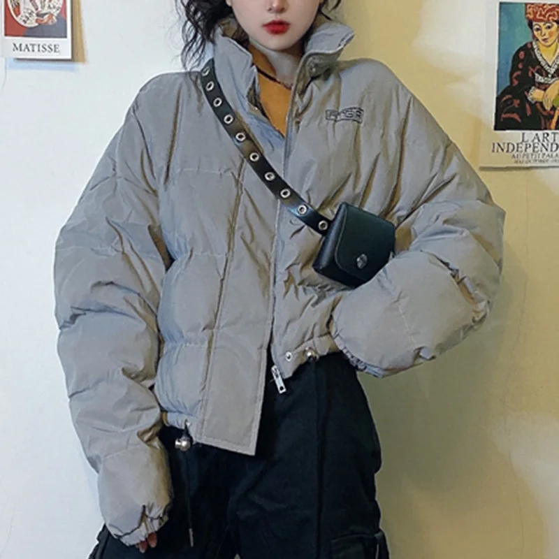 Зимняя светящаяся Светоотражающая куртка, Женская свободная светящаяся парка, верхняя одежда, Теплое повседневное толстое пальто в стиле хип-хоп, уличная куртка - Цвет: Серый