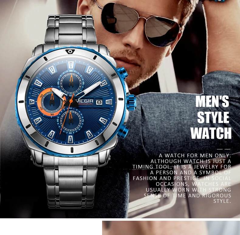 Хронограф megir кварцевые часы мужской роскошный бренд часов Нержавеющая сталь Бизнес синий наручные часы Для мужчин Relogio Masculino