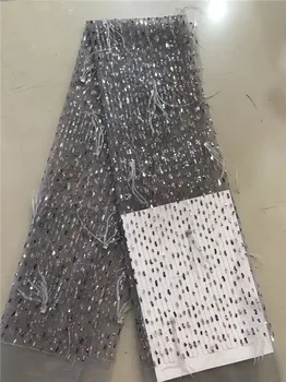 

Wonderful gray French net lace fabric with and sequins feather PDN834 (5yards/lot) multi color