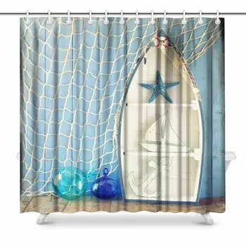 

Nautical Boat Shape Shelves on Wooden Table Waterproof Polyester Fabric Shower Curtain Bathroom Sets with Hooks, 72(Wide) x