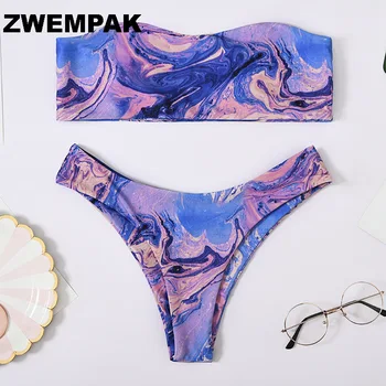 

Sexy Brazilian Bikini Set Summer Women Purple Tie-dyed Print Bandeau High Cut Bathing Suit