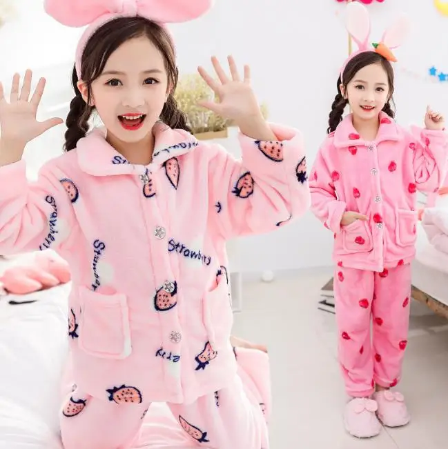 New Children's fashion flannel pyjamas thickened two peice suit for boys and girls
