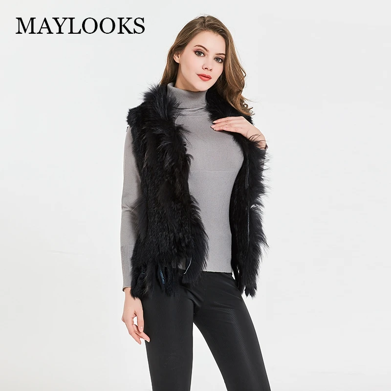 Женский жилет maylook из натурального кроличьего меха с воротником енота Зимняя