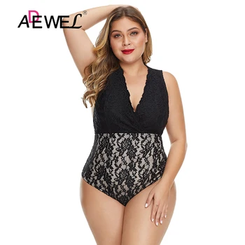 

ADEWEL Sexy Black Plus Size Deep V Neck Floral Lace Lined Bodysuit High Waist Bandage Womans One Piece Body Koronkowe XXXXXL