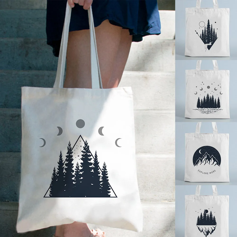 Tote-Bag Book Shoulder-Cloth-Bags Reusable Shopper Forest-Print Travel Mountain-Design