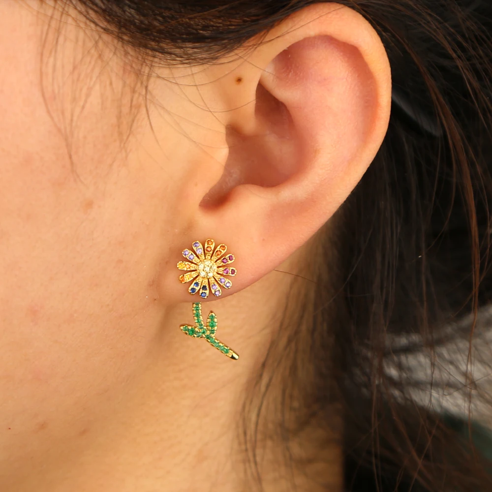 2019-NEW-arrived-jewelry-Bloom-Flower-studs-double-sided-green-leaves-Women-girl-tiny-flower-earring (2)