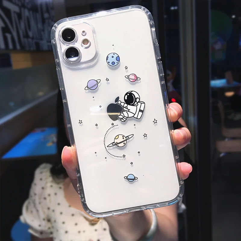 Space Cute Cartoon Astronaut Planet Phone Case For iPhone 11 Pro Max X XS XR 7 8 Plus 12 Mini Transparent Soft Shockproof Cover