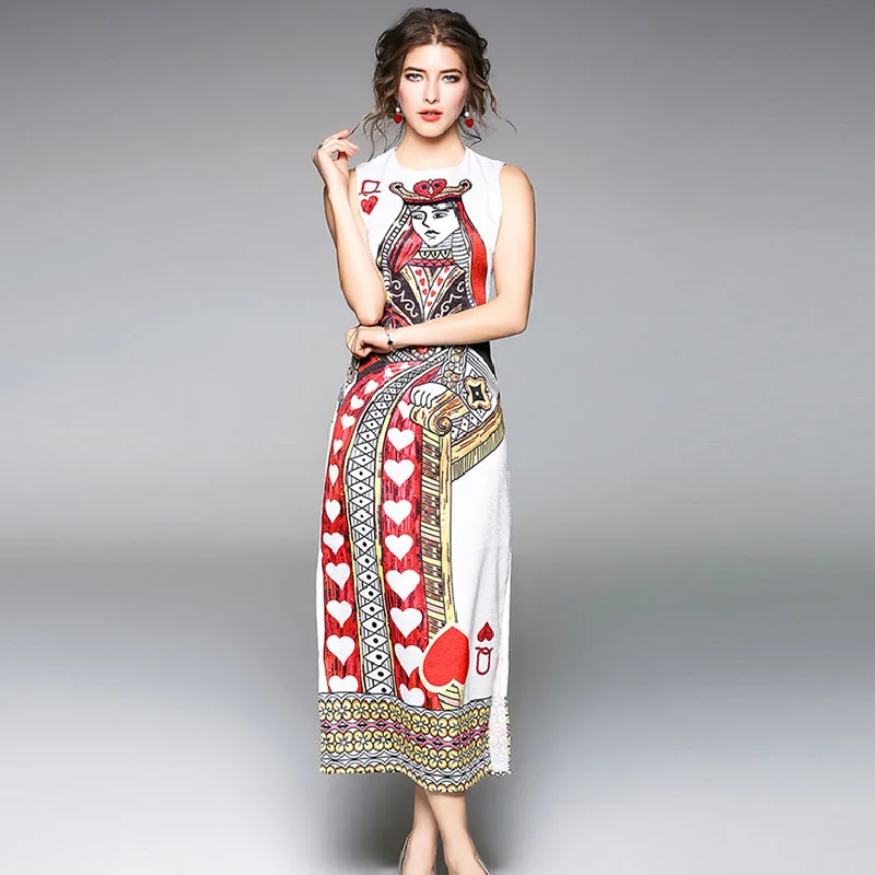

Runway Designer 2018 Summer Sleeveless Vest Dress High Street Poker Queen Printed Maxi Dress Women Vintage Sexy Split Long Dress