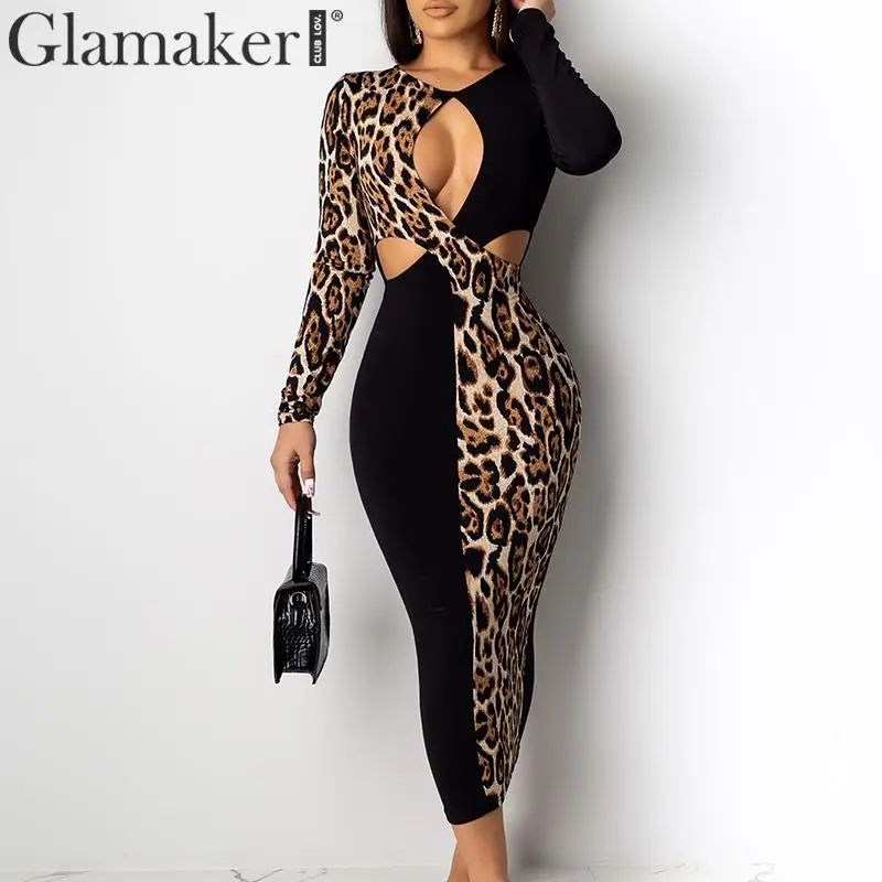 Женское платье-миди с леопардовым принтом Glamaker элегантное винтажное Клубное