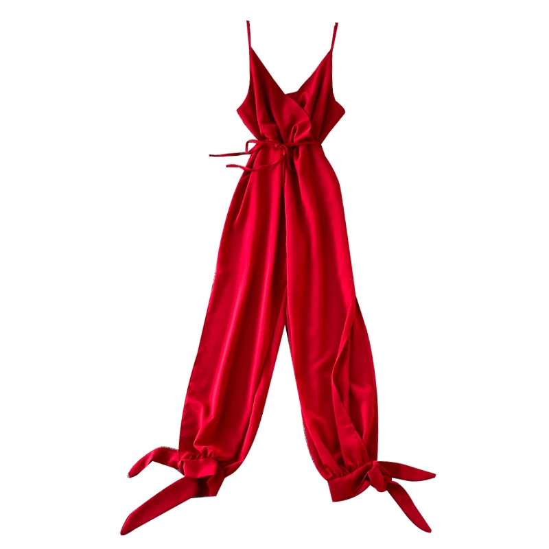ALPHALMODA 2020 New Women Solid Sexy Jumpsuit Side Slit Binding Leg Ladies Summer Casual Sling Jumpsuit