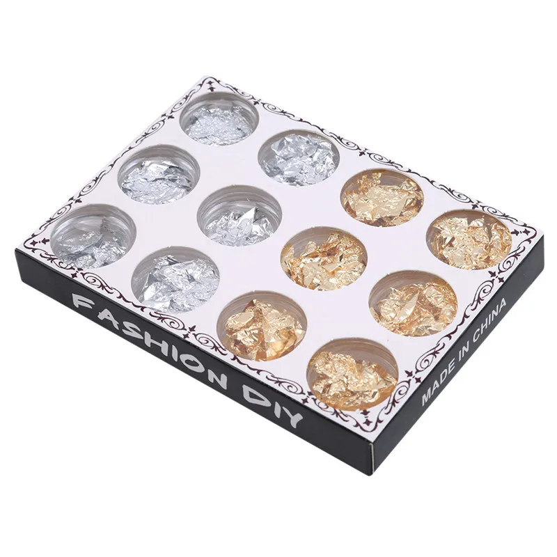 Gold foil 6 silver 6 12 шт./кор. смешанные блесток для нейл-арта украшения Diy Дизайн ногтей ювелирное изделие на ногти стразы кристаллы Дизайн ногтей Стекло золотые наклейки для ногтей и серебро Фольга олова Фольга - Цвет: Gold foil 6 silver 6