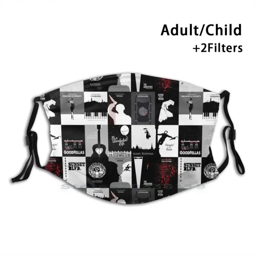 Minimal Classic Movies Title Pattern Adult Kids Washable Funny Face Mask With Filter Movie Film Cinema Theater | Аксессуары для