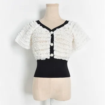 

Luxury Brand Designer Knitted Cardigan for Women V Neck Black White Contrast Color Lace High Waist Puff Sleeve Knitted Sweater