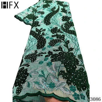 

HFX African Lace Fabric 2020 High Quality Cord Lace Fabric Green Embroidery Lace Fabric With Sequins For Nigerian Party F3086