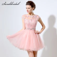 Сексуальные платья для выпускного вечера, прозрачные розовые короткие трапециевидные платья с кружевной аппликацией, без рукавов, вечерние платье бренда "Rode De Soiree" De Soiree Vestidos LSX011