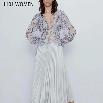 

ZA 2020 NEW Spring women‘s printed Semi-sheer ruffle button elastic cuffs full sleeve V-Neck shirt fashion casual female clothes